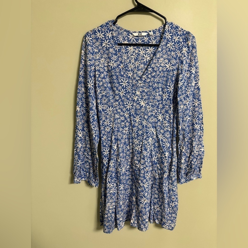 Uniqlo V Neck Long Sleeve Mini Dress Blue Daisy Floral Size XS Pockets Printed